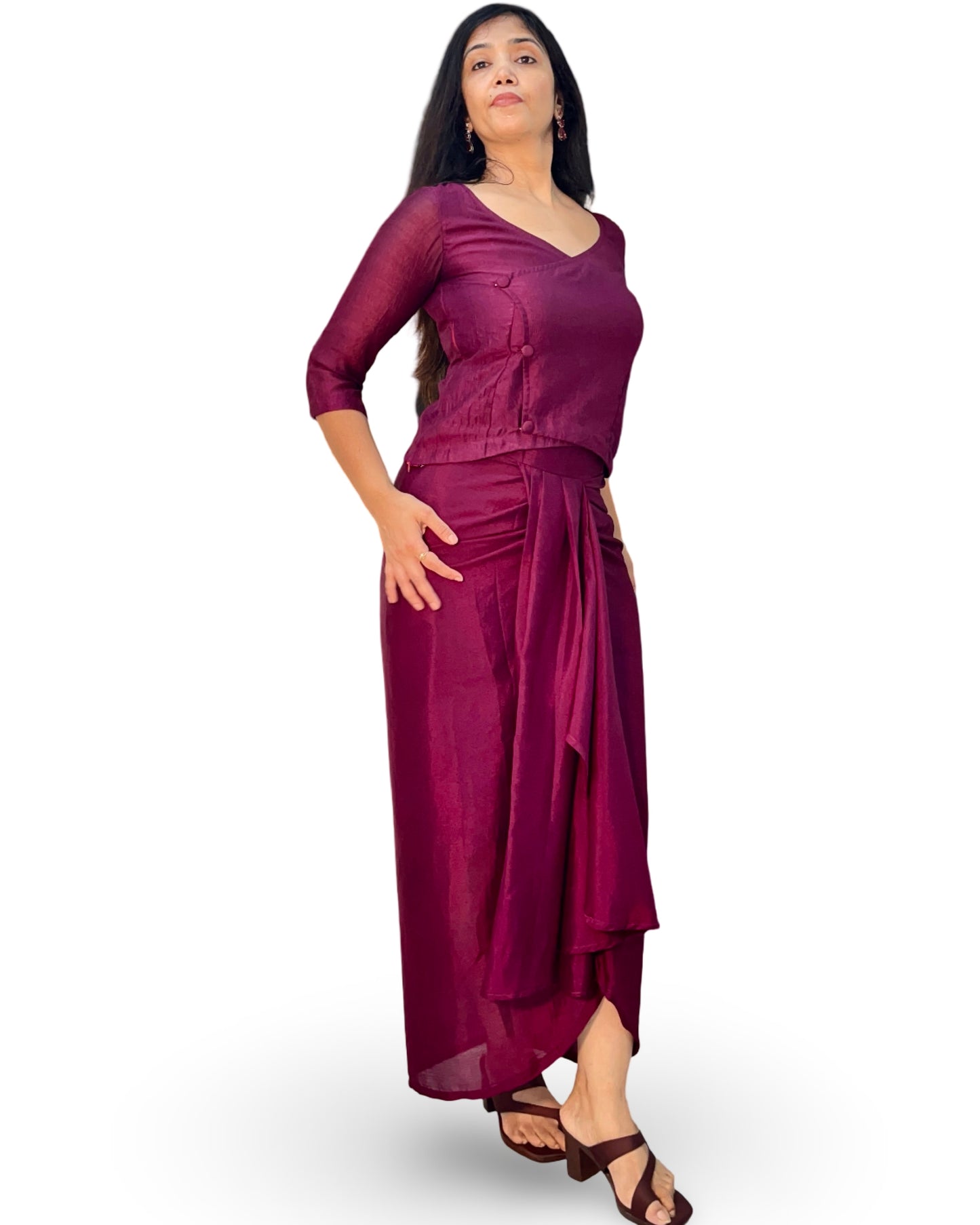 Drape skirt with wrap top in crepe fabric