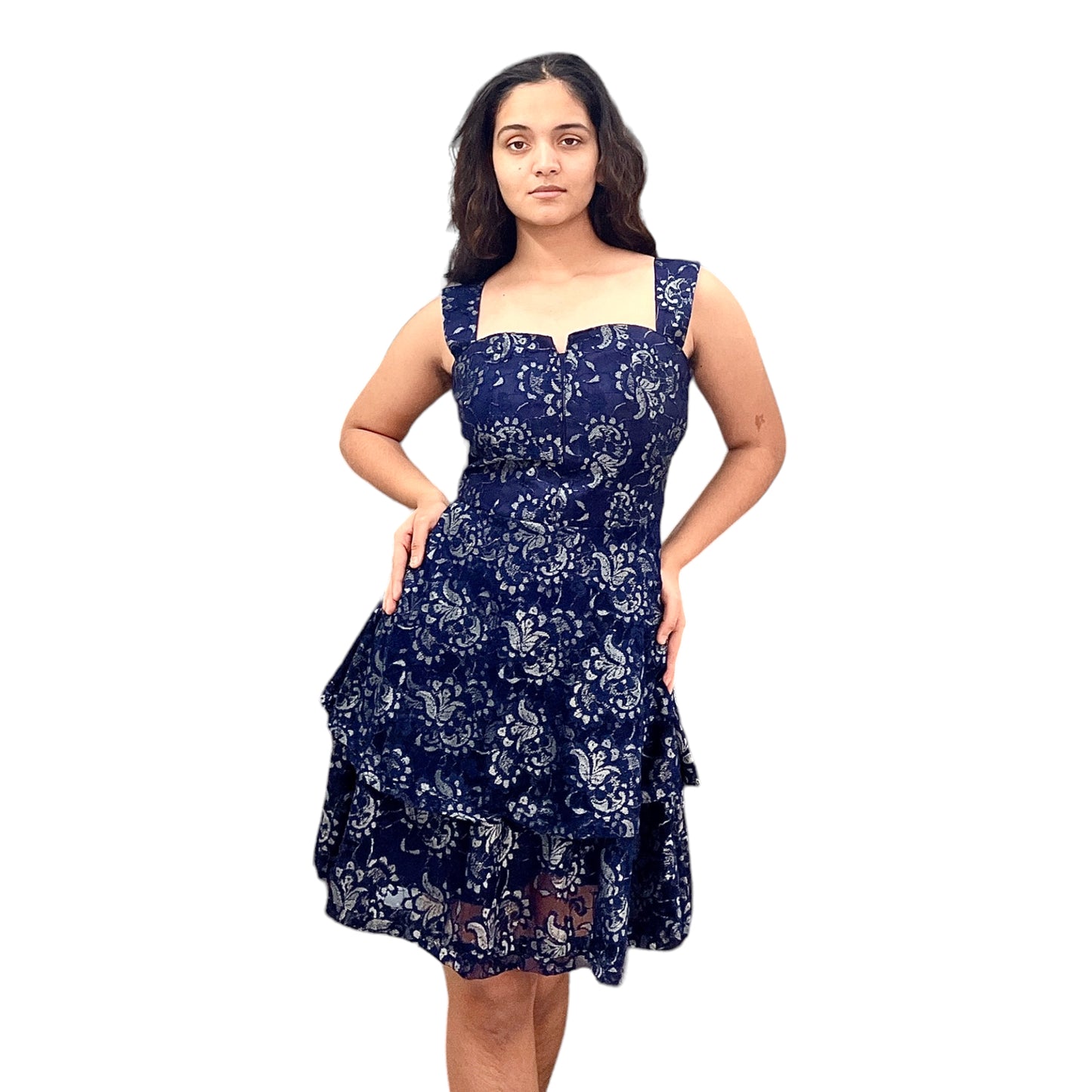 Ruffled multi layered lace knee length dress