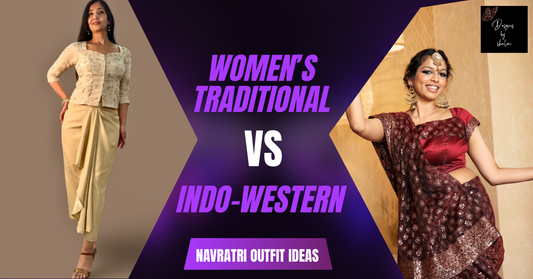 Woman in an Indo-Western gown with cape overlay showcasing Navratri outfit ideas 2025