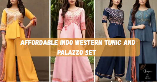 Woman wearing a printed cotton Indo Western tunic with solid palazzo pants for a casual monsoon look.”