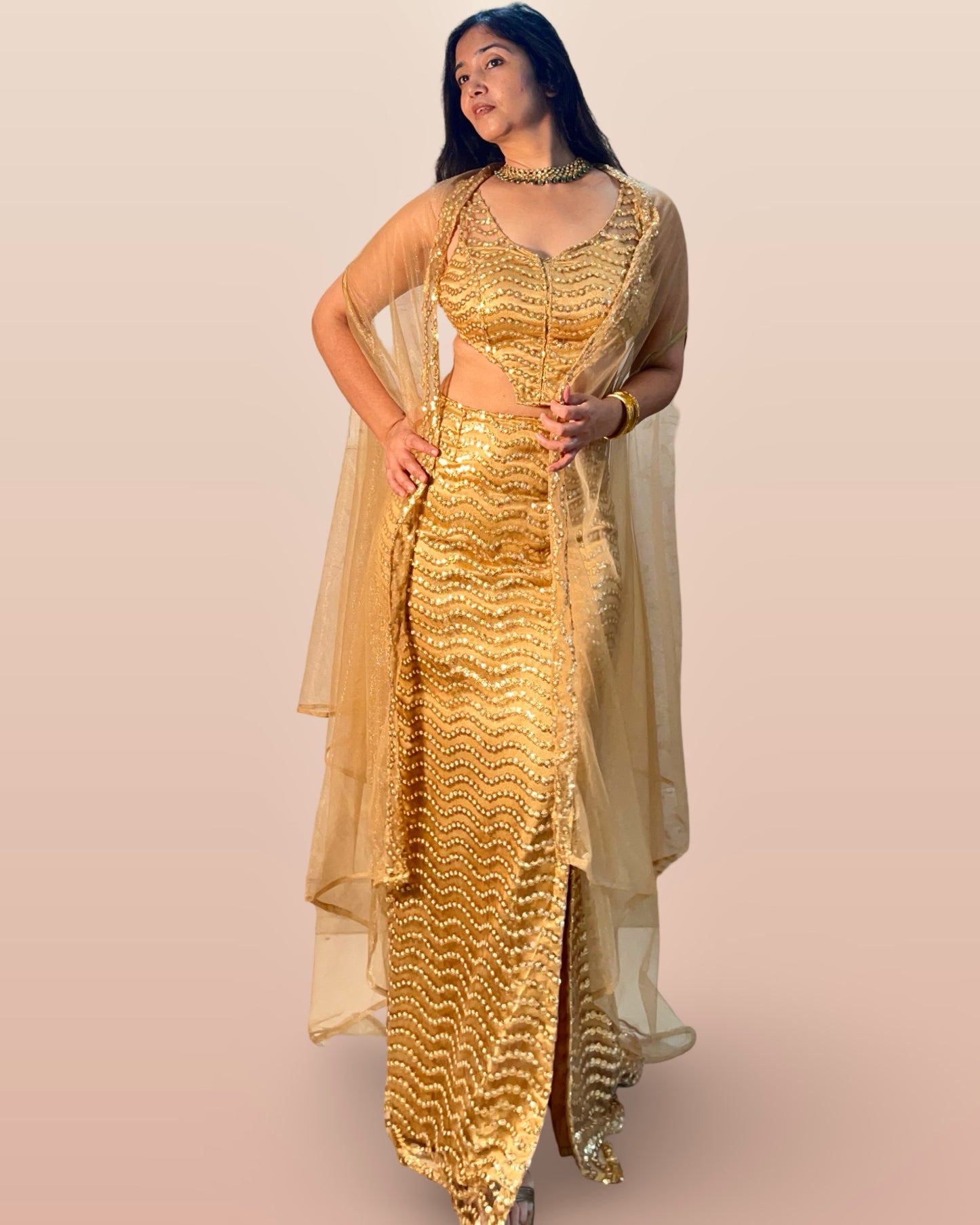 Golden party wear embroidered ensemble in net fabric