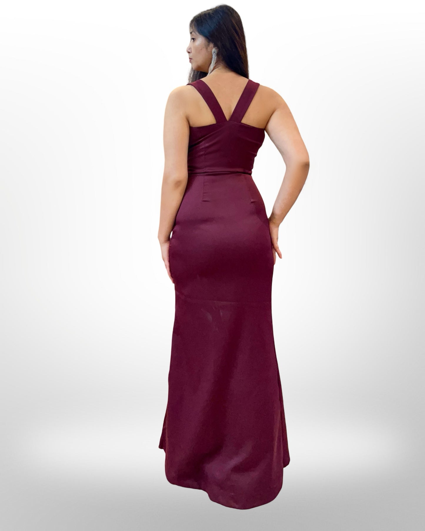 Wine colour stretchable evening gown with sheer net cape
