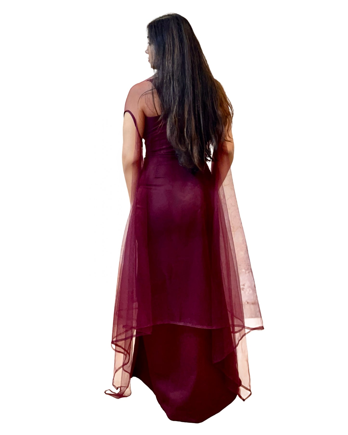 Wine colour stretchable evening gown with sheer net cape