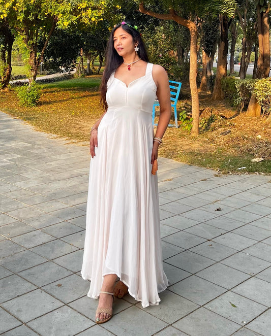 Full flared White Pure georgette light weight gown.