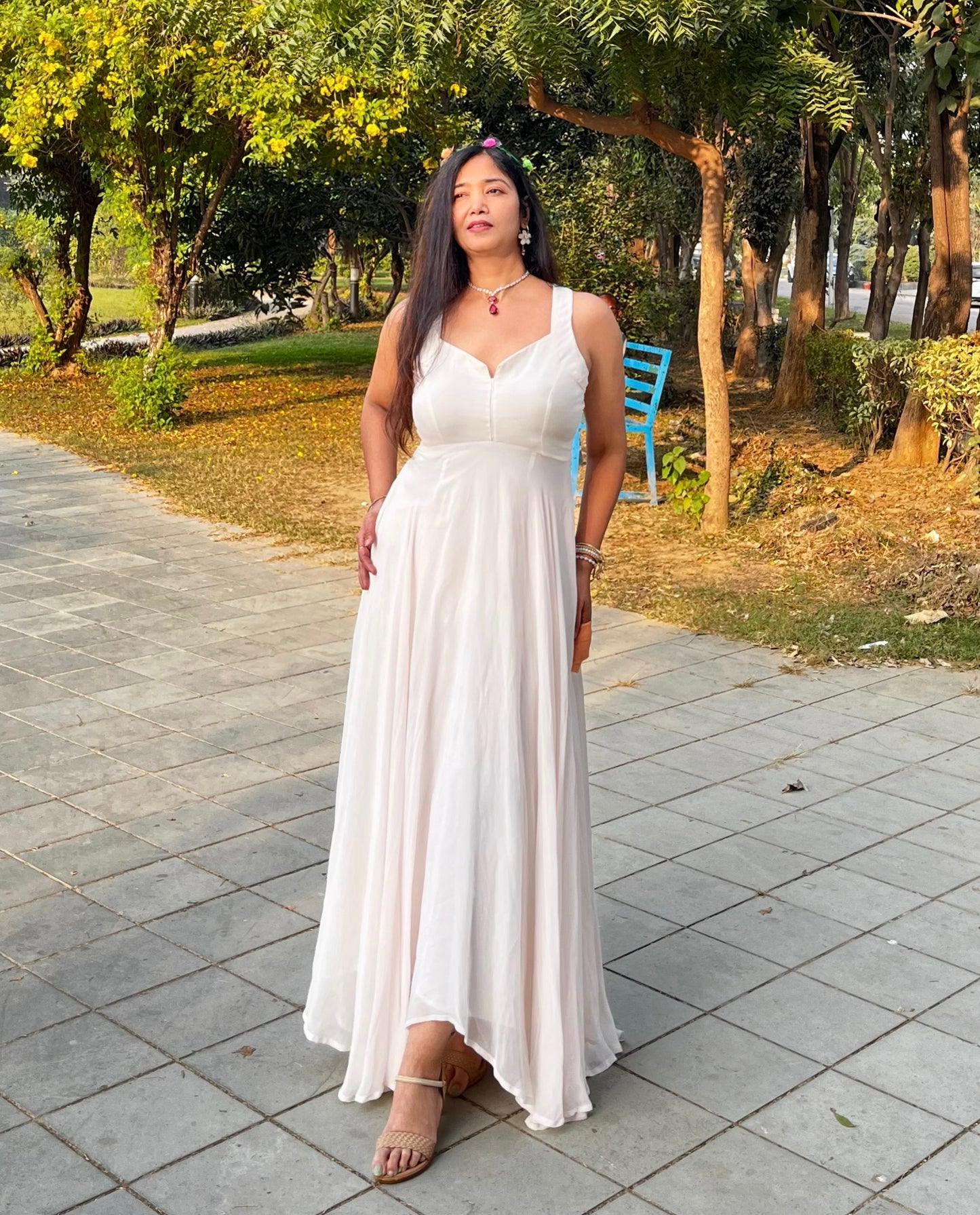 Full flared White Pure georgette light weight gown.