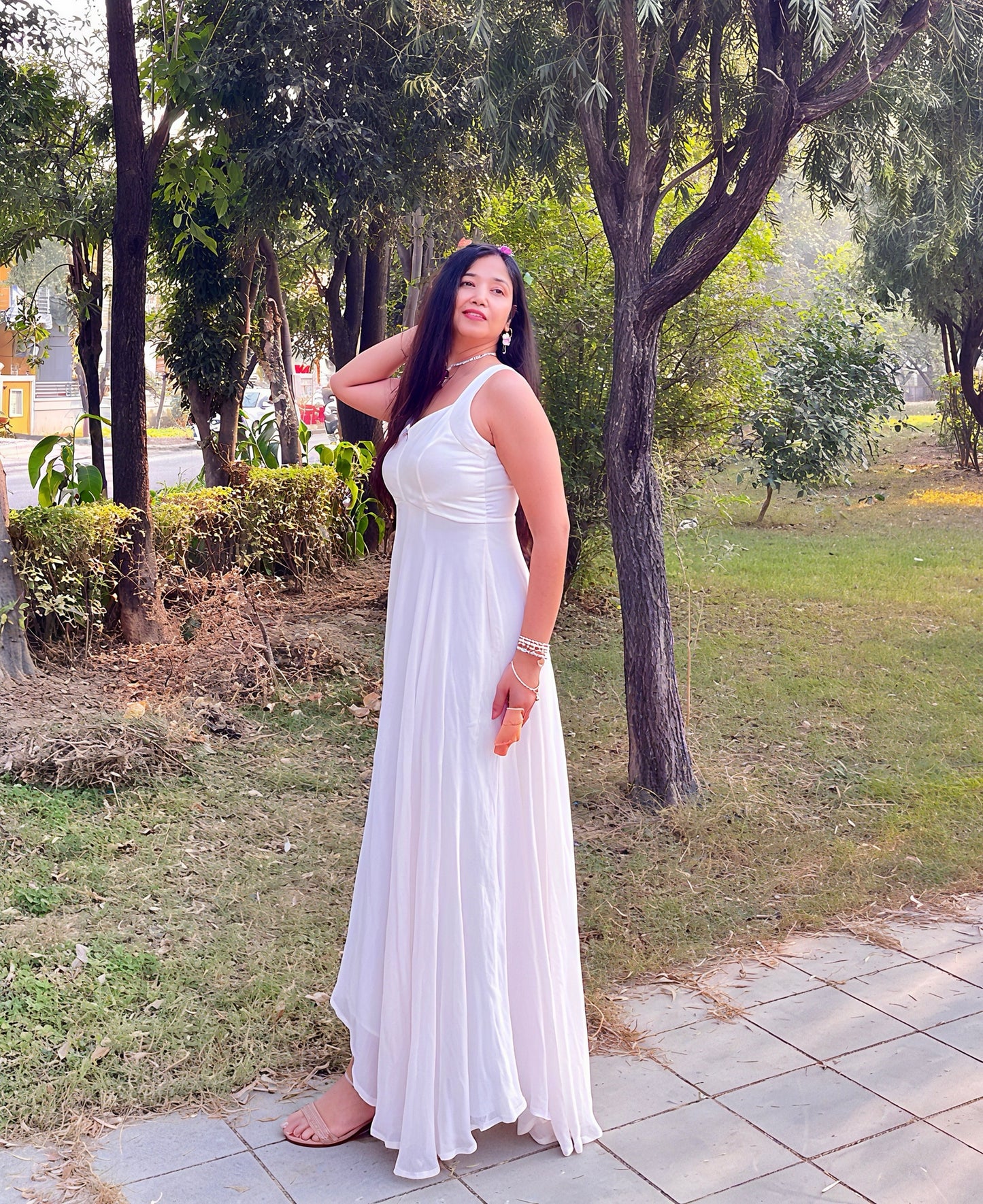 Full flared White Pure georgette light weight gown.