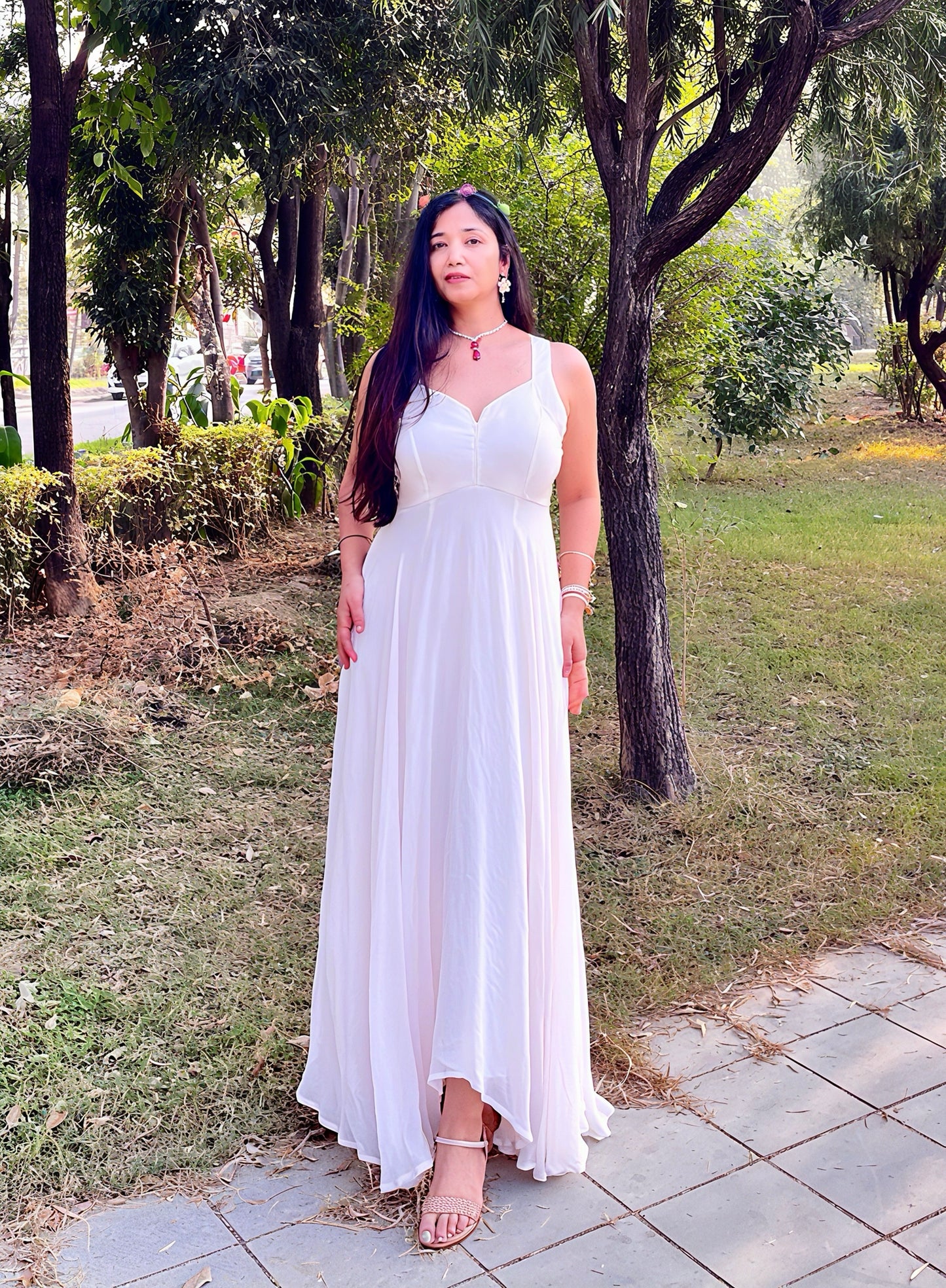 Full flared White Pure georgette light weight gown.