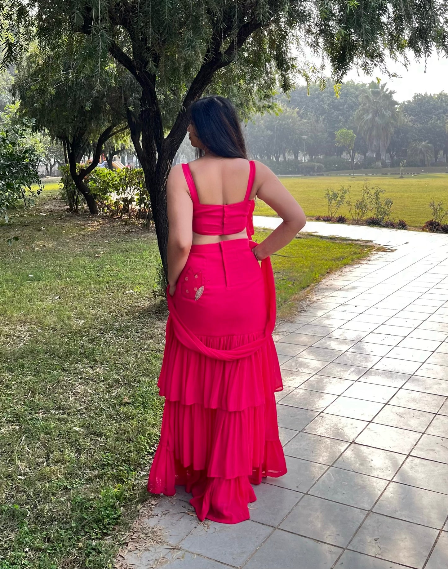 Georgette Layered Rose Pink Co-ord Set with Ruffle Top & Tiered Skirt