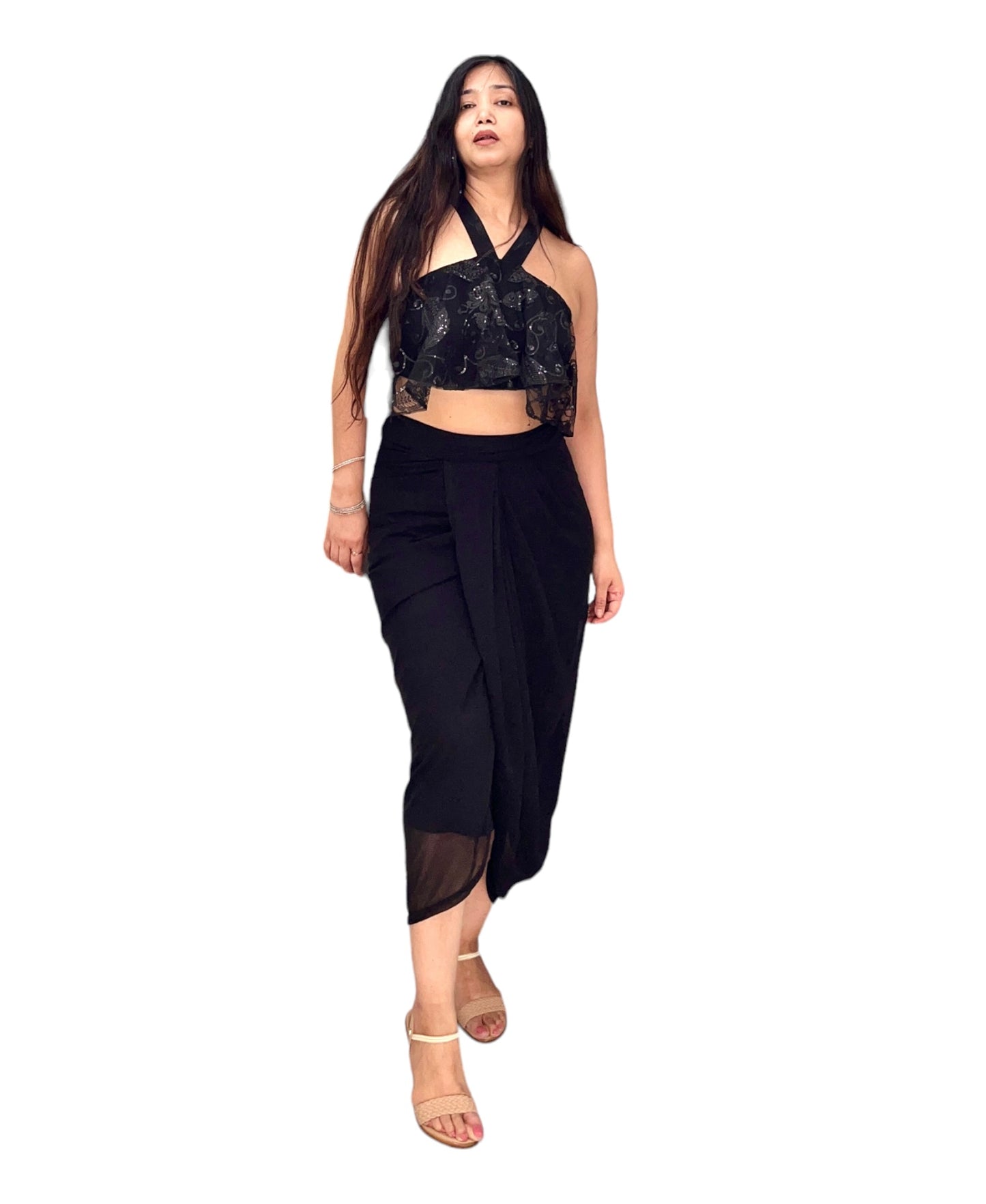 Drape Dhoti georgette skirt with ruffled halter neck embellished net top