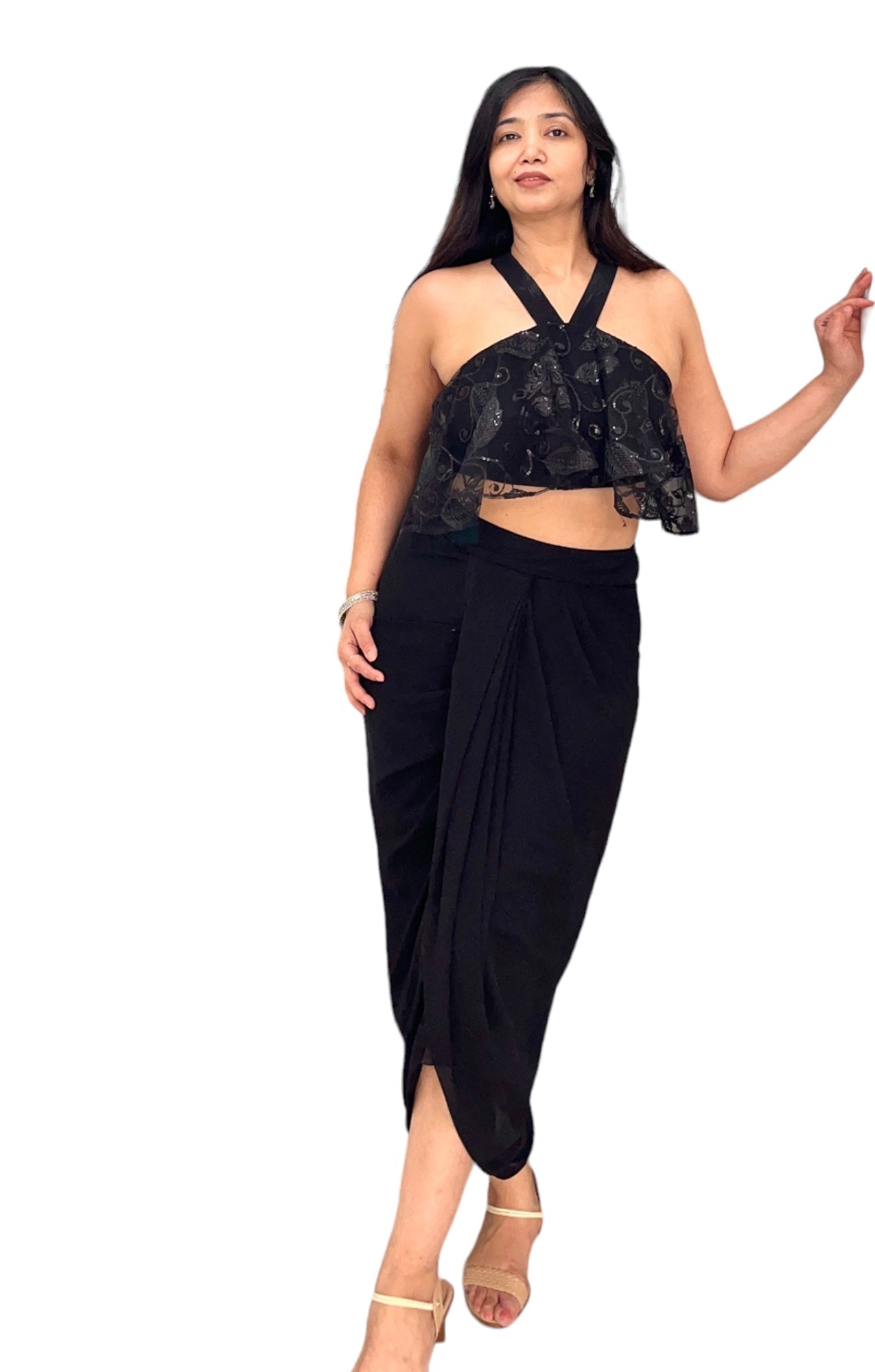Drape Dhoti georgette skirt with ruffled halter neck embellished net top