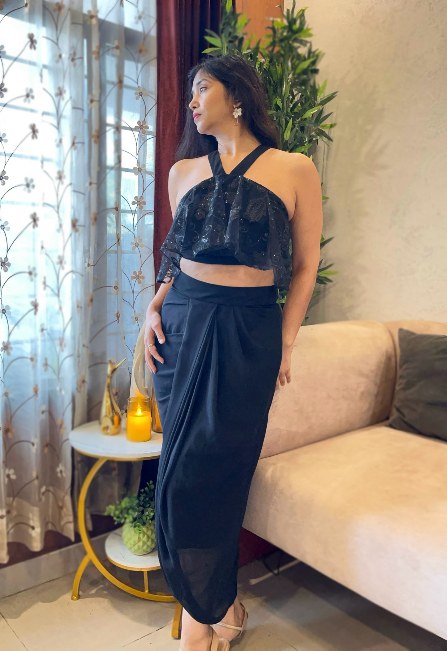 Drape Dhoti georgette skirt with ruffled halter neck embellished net top