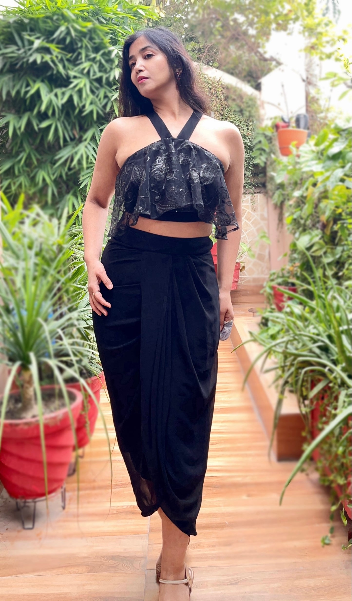 Drape Dhoti georgette skirt with ruffled halter neck embellished net top