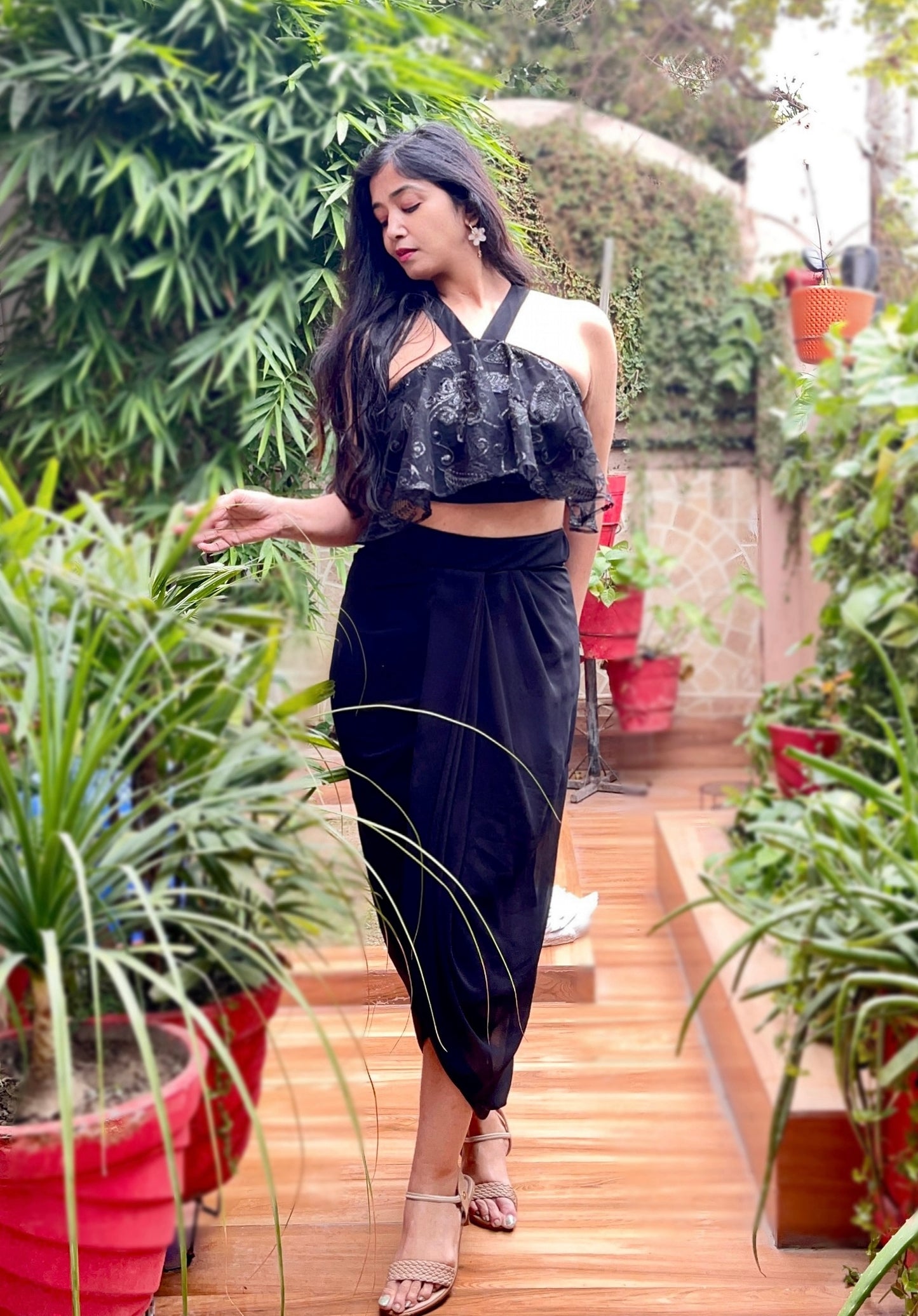 Drape Dhoti georgette skirt with ruffled halter neck embellished net top