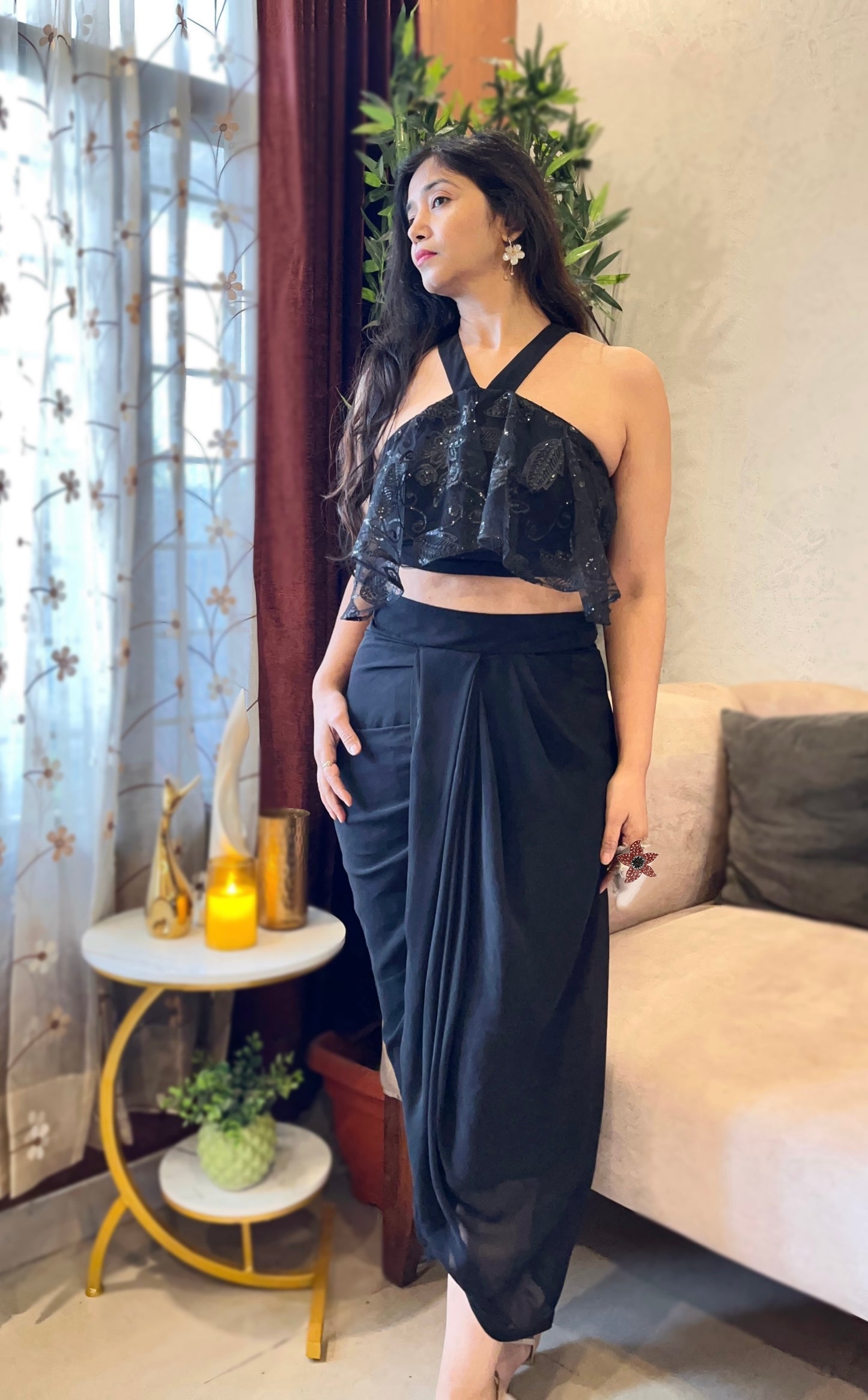 Drape Dhoti georgette skirt with ruffled halter neck embellished net top