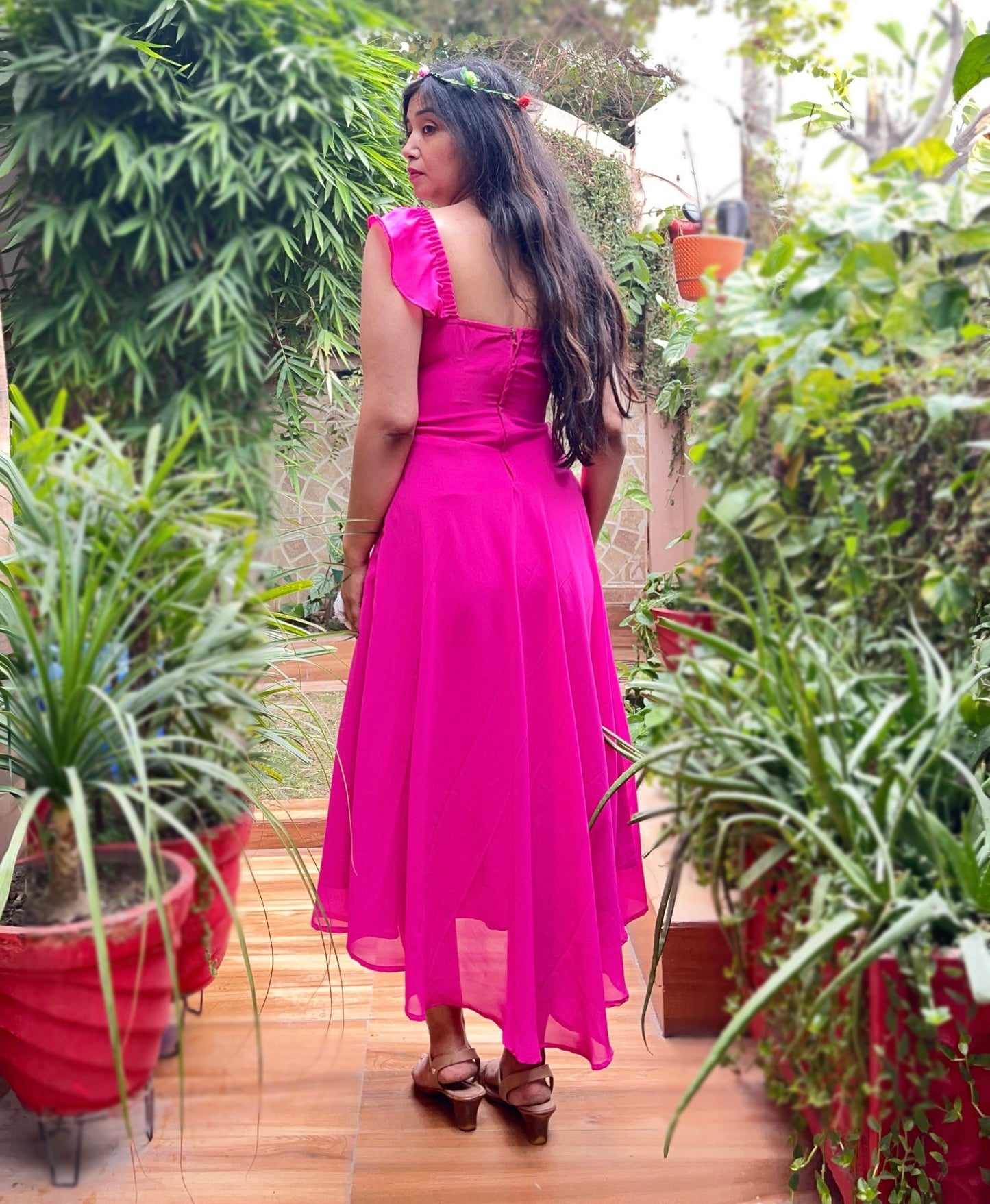 Georgette Fuchsia pink high n low long flared  dress