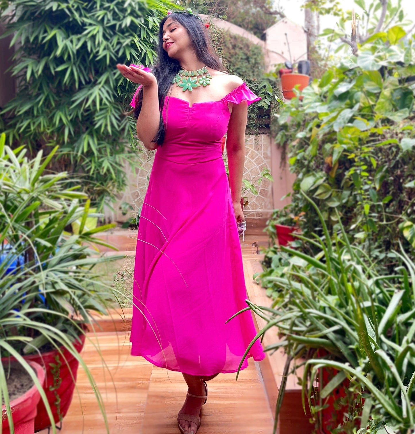 Georgette Fuchsia pink high n low long flared  dress