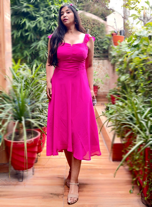 Georgette Fuchsia pink high n low long flared  dress