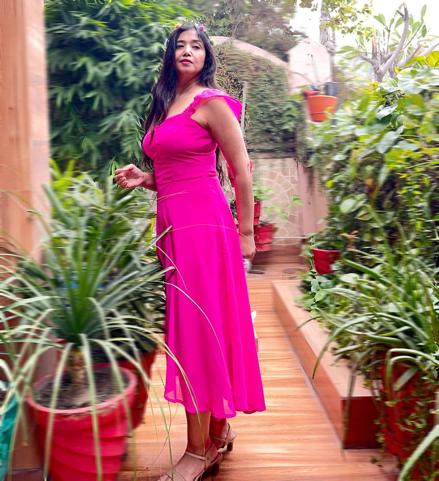 Georgette Fuchsia pink high n low long flared  dress