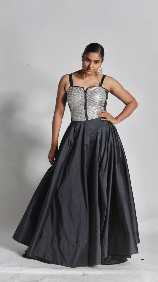 Silk Full Flared Empire cut Gown with sequins silver bodice