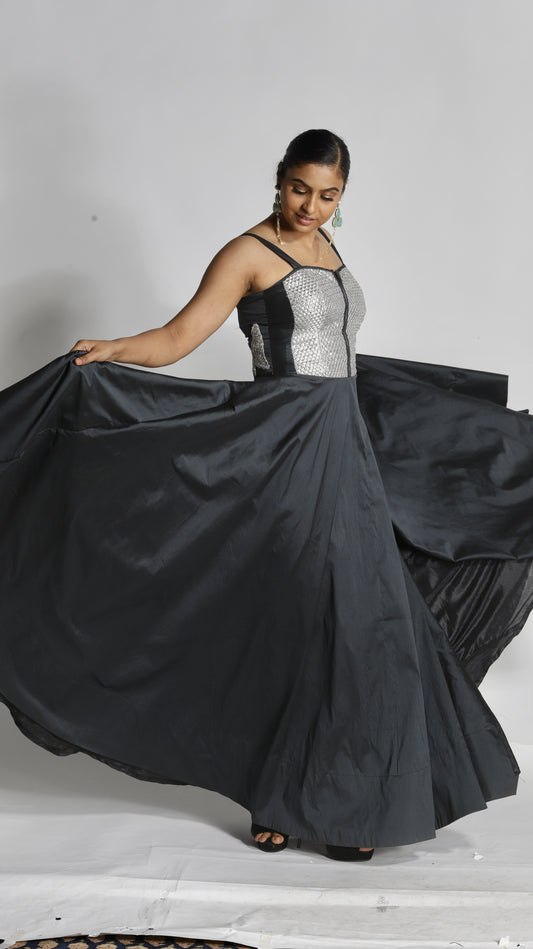 Silk Full Flared Empire cut Gown with sequins silver bodice