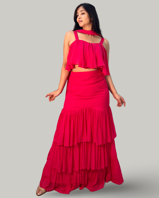 Magenta Cascade Tiered Georgette Ensemble