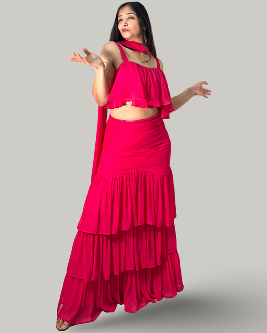Magenta Cascade Tiered Georgette Ensemble