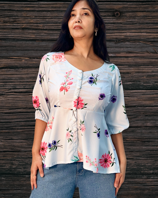 Printed floral white tunic top with front button