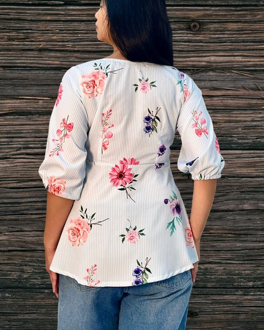 Printed floral white tunic top with front button