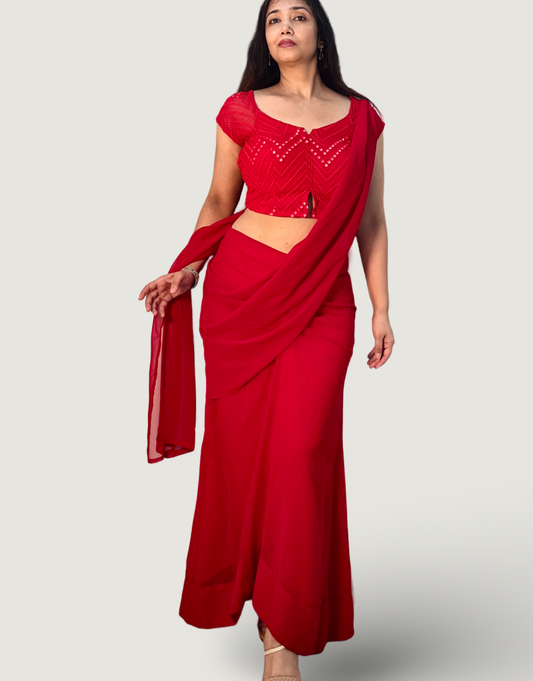 Red georgette saree inspired ensemble