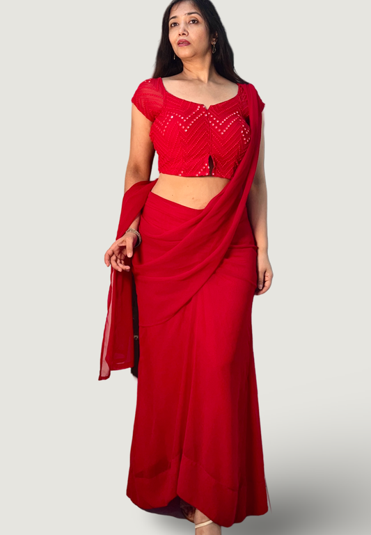 Red georgette saree inspired ensemble
