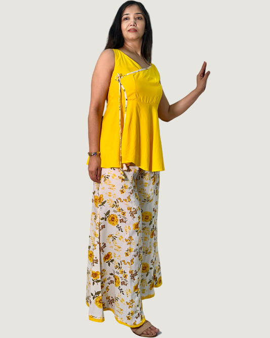 Cotton short angarkha tunic with flared crepe palazzo