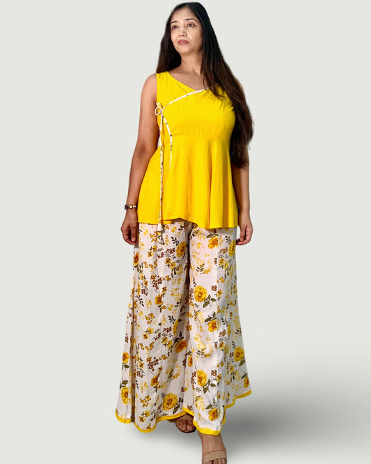 Cotton short angarkha tunic with flared crepe palazzo