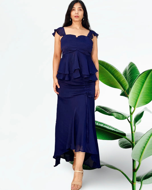 High and low ruched navy blue skirt with ruffled tunic top