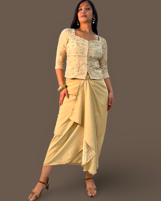 Drape skirt with elegant embroidered silk top