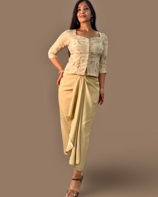 Drape skirt with elegant embroidered silk top