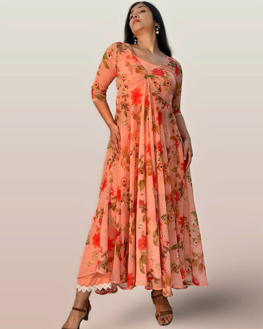 Floral full flared georgette long tunic with a cotton palazzo and inner