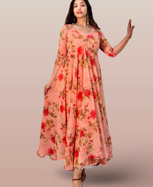 Floral full flared georgette long tunic with a cotton palazzo and inner
