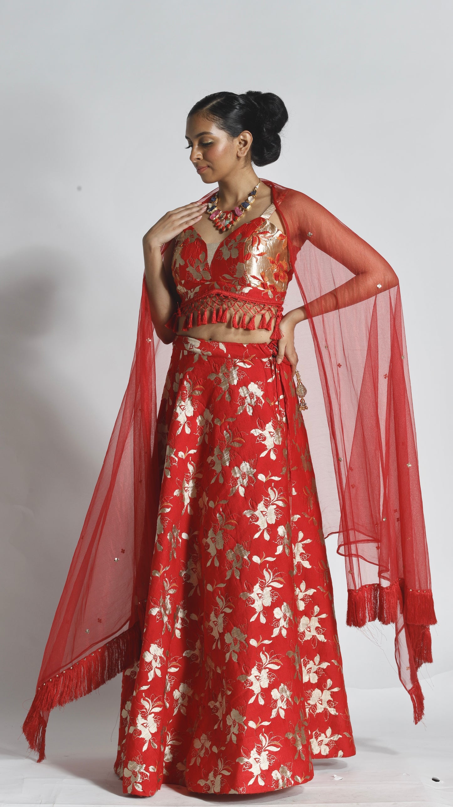 Brocade lehnga choli with long net sequins work dupatta, made to order ensemble