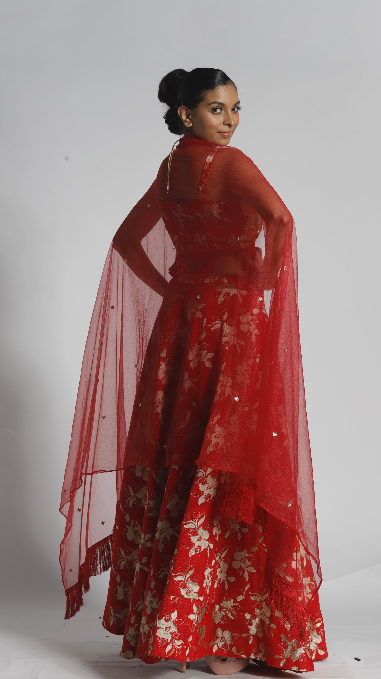 Brocade lehnga choli with long net sequins work dupatta, made to order ensemble