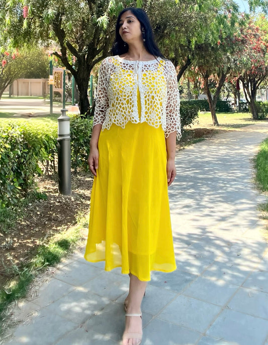Ankle length Long sun shine yellow flared  georgette dress
