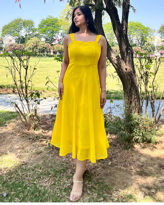 Ankle length Long sun shine yellow flared  georgette dress