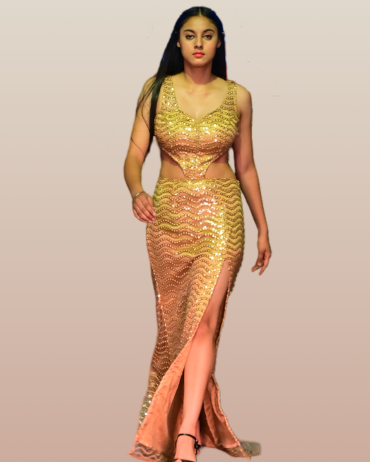 Golden embroidered and sequins  embellished party wear evening gown