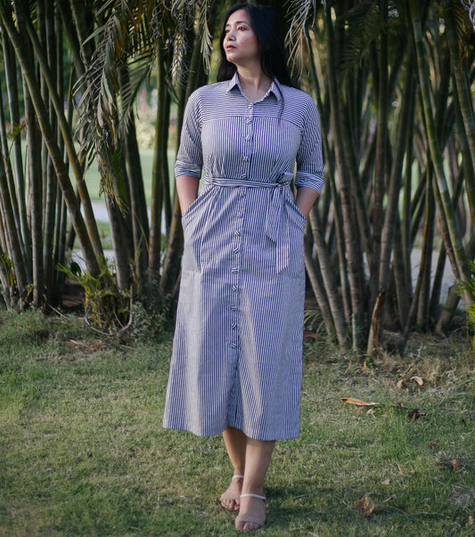 A- line Cotton summer black and white striped shirt dress