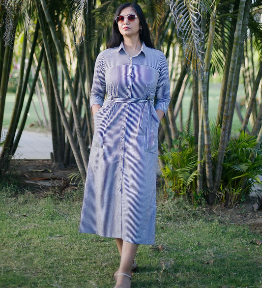 A- line Cotton summer black and white striped shirt dress