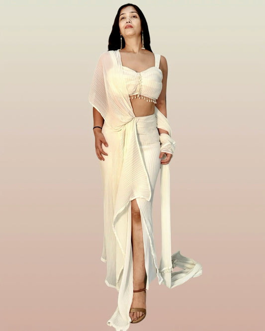 Ivory Draped saree ensemble in pleated georgette fabric