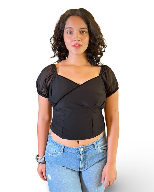 Black Wrap crop top in georgette fabric