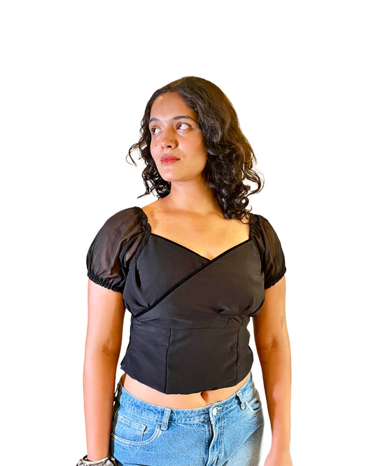 Black Wrap crop top in georgette fabric