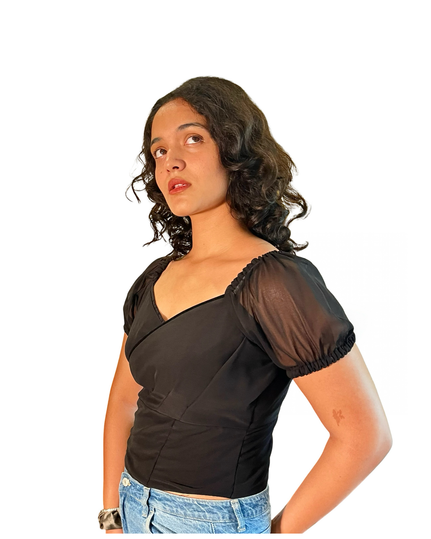 Black Wrap crop top in georgette fabric