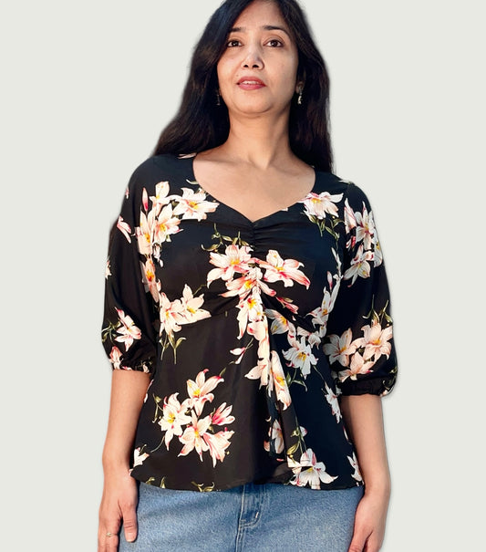 Printed floral black tunic top
