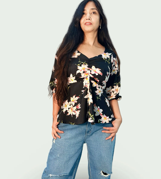 Printed floral black tunic top